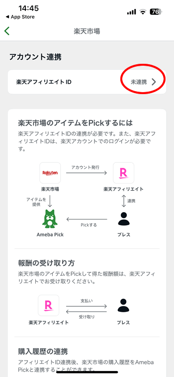 楽天IDと未提携の状態